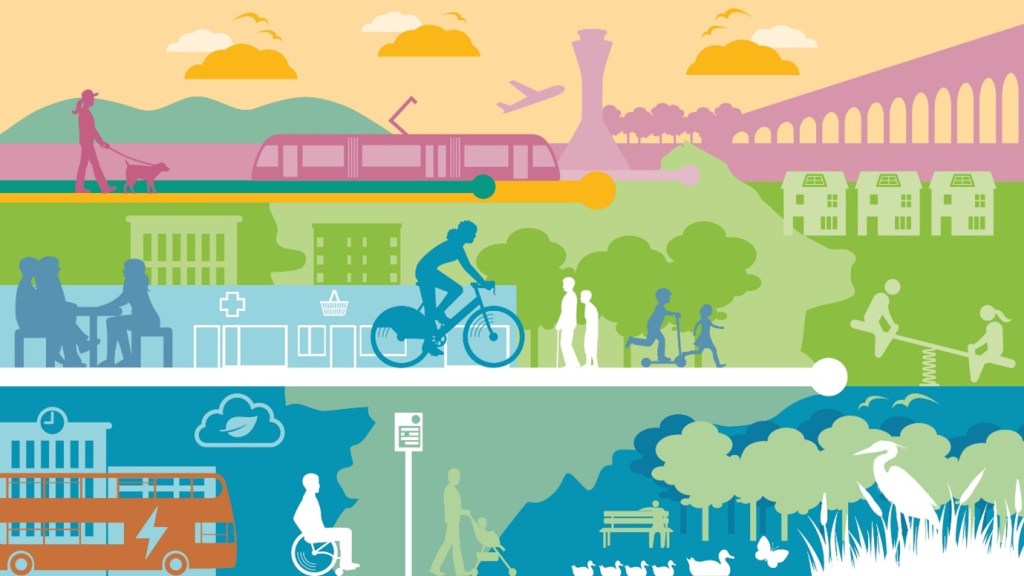 Illustration featuring west Edinburgh landmarks, people travelling and playing as well as buildings, nature and trees. 