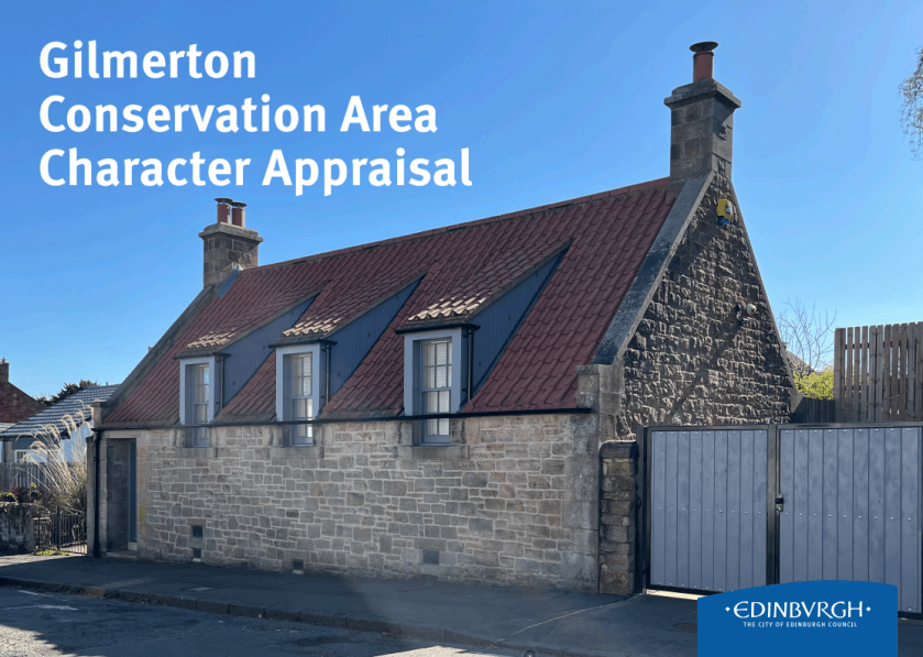 Front cover of the Draft Gilmerton Conservation Area Appraisal - a redeveloped historic cottage in Gilmerton on a bright sunny day