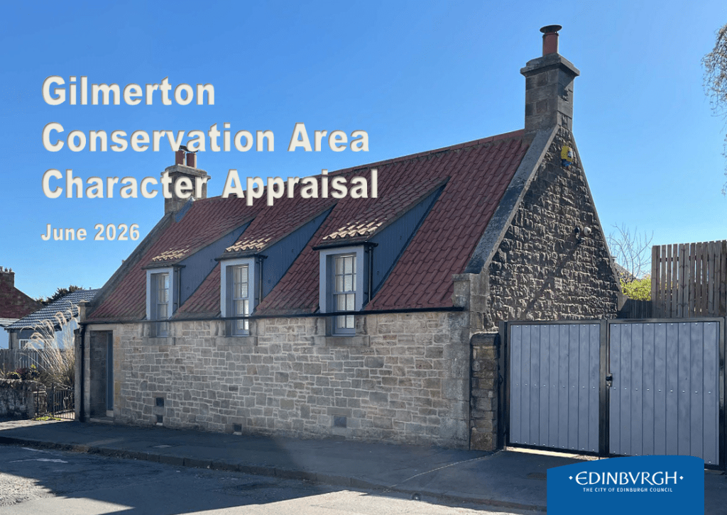 Front cover of the Gilmerton Conservation Area Character Appraisal (June 2026). Image shows a redeveloped historic cottage in Gilmerton on a sunny day.