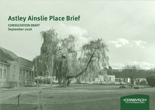 Front Cover of the draft Astley Ainslie Place Brief, dated September 2026. Image is of a mature tree and grass, with low rise hospital buildings in the background. It has a green/sepia filter over it. 